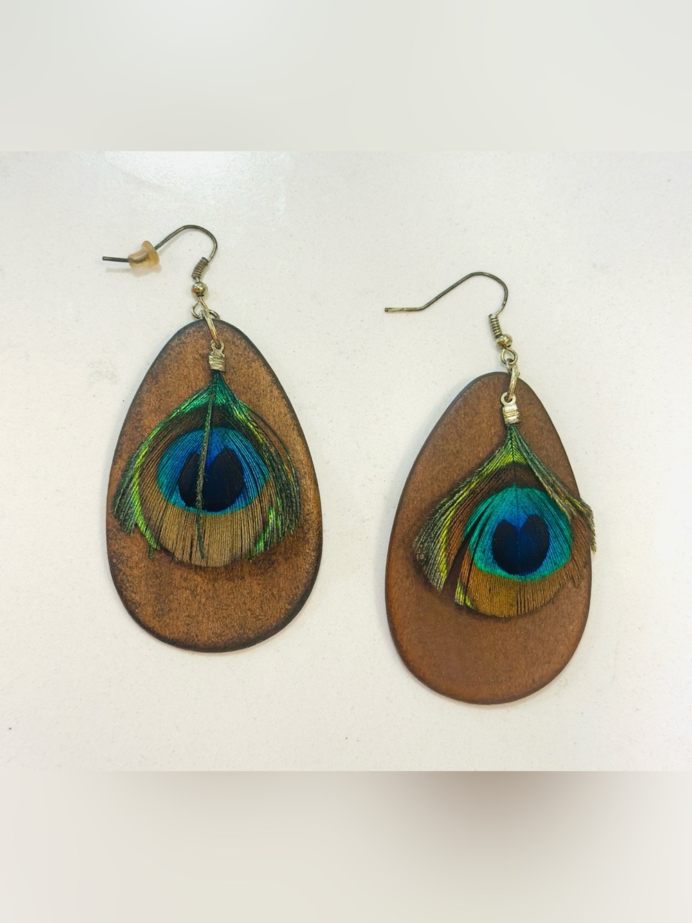 Peacock Feather Wood Teardrop Dangle Earrings Boho Statement